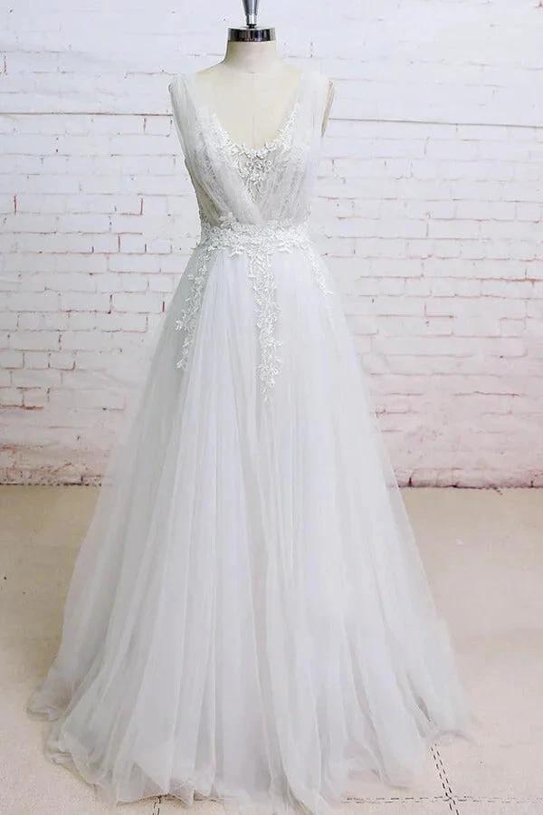 Long A-line V-neck Appliques Lace Tulle Wedding Dress (ZD14420) - VelvetHem