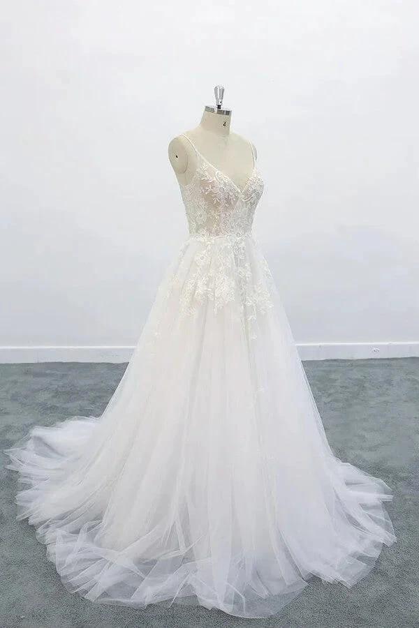 Long A-line V-neck Backless Appliques Lace Tulle Wedding Dress (ZD14425)