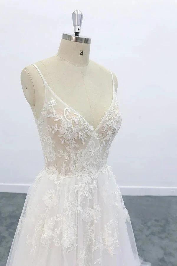 Long A-line V-neck Backless Appliques Lace Tulle Wedding Dress (ZD14425)
