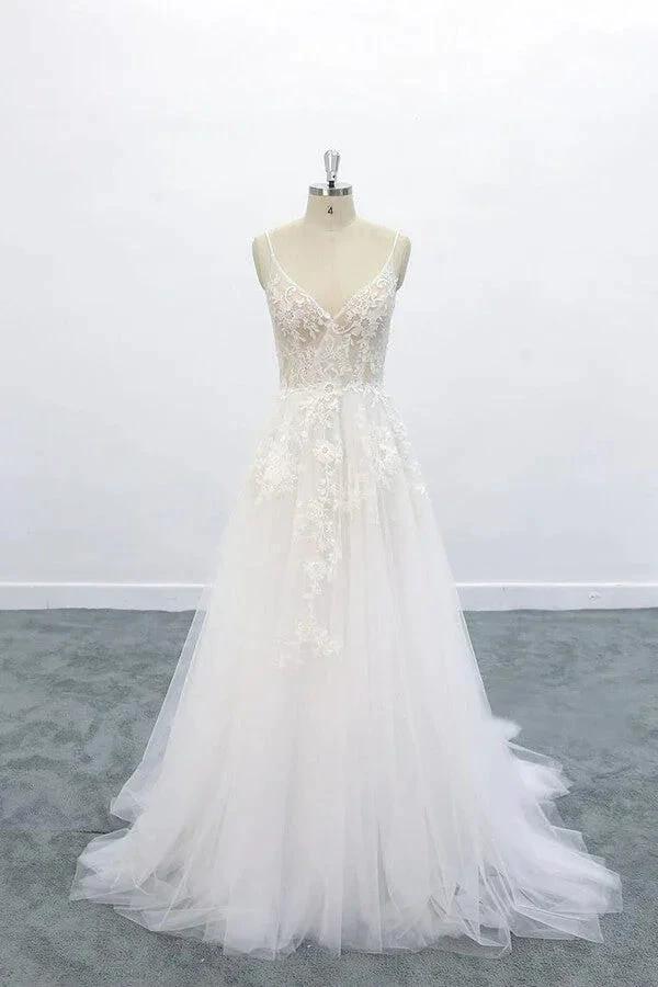 Long A-line V-neck Backless Appliques Lace Tulle Wedding Dress (ZD14425) - VelvetHem