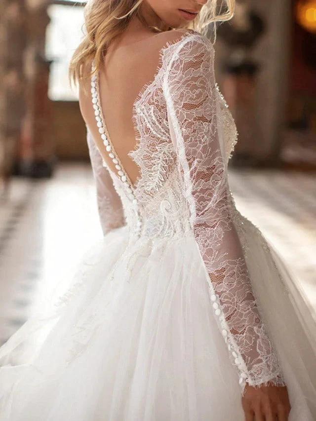 Long A-Line V Neck Court Train Lace Tulle Backless Wedding Dresses with Sleeves (ZD15943)