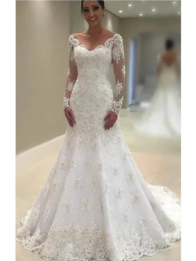 Long A-Line V Neck Court Train Lace Tulle Wedding Dresses with Sleeves (ZD15940) - VelvetHem