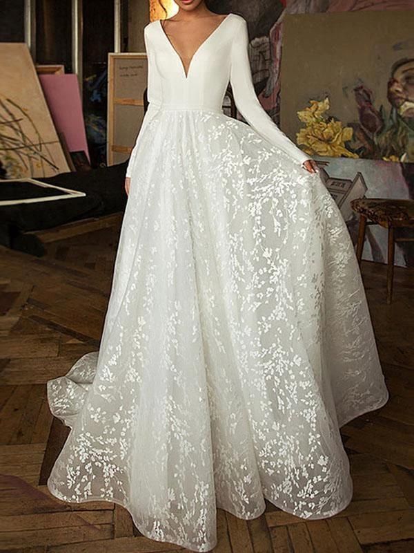 Long A-Line V-Neck Covered Button Satin Lace Wedding Dresses with Sleeves (ZD15836) - VelvetHem