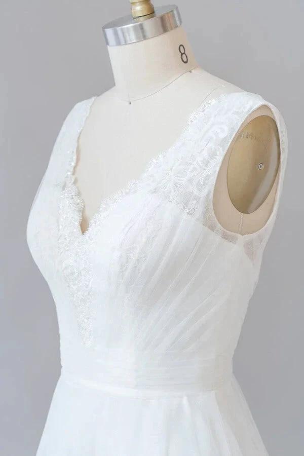 Long A-line V-neck Lace Tulle Backless Wedding Dress (ZD14389)