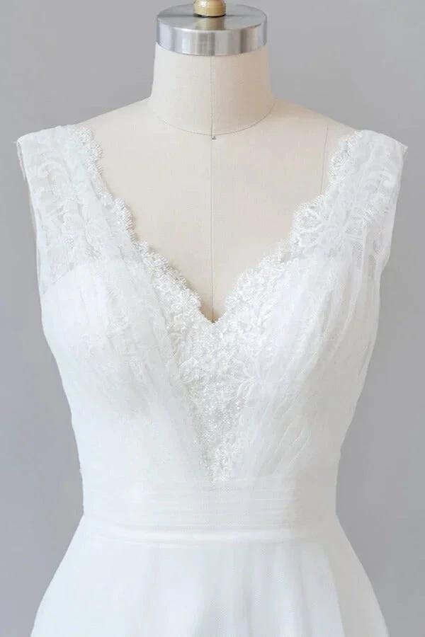 Long A-line V-neck Lace Tulle Backless Wedding Dress (ZD14389)