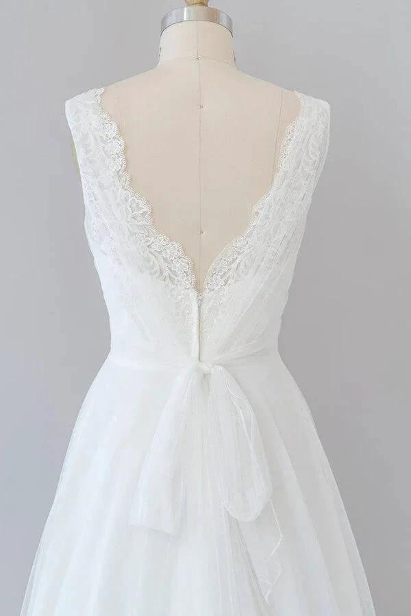 Long A-line V-neck Lace Tulle Backless Wedding Dress (ZD14389)