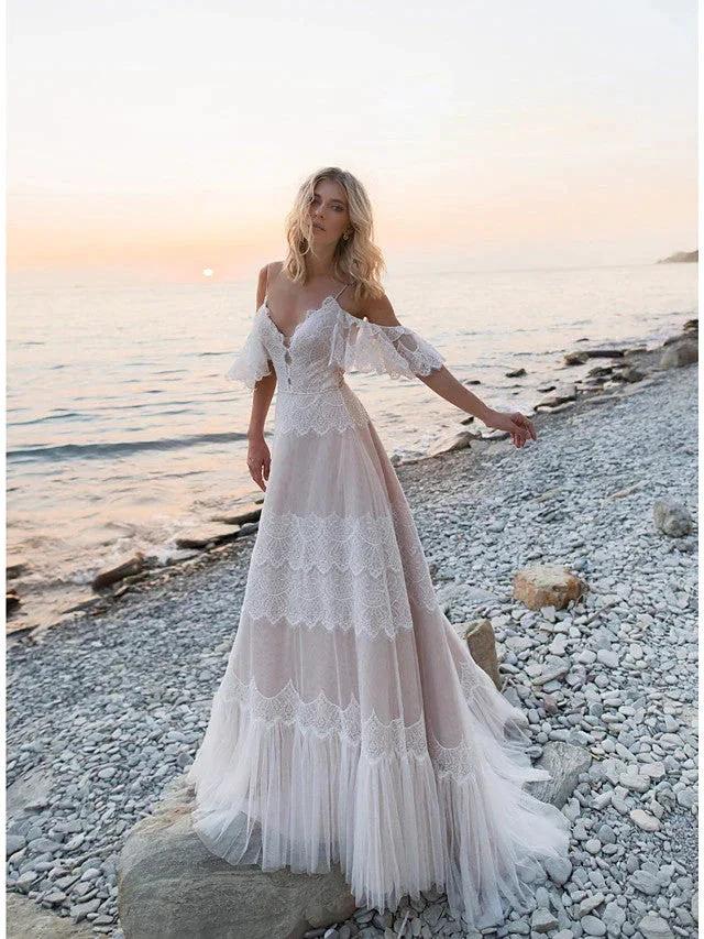 Long A-Line V Neck Lace Tulle Backless Wedding Dresses with Sleeves (ZD15951) - VelvetHem