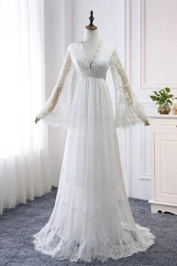 Long A-line V-neck Lace Tulle Wedding Dress with Sleeves (ZD14460)