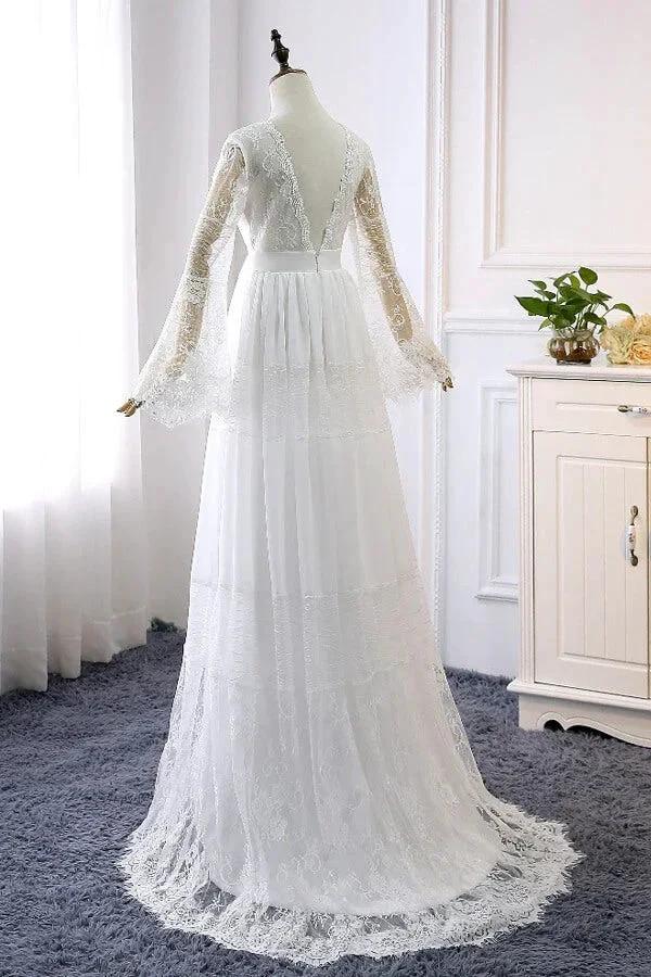 Long A-line V-neck Lace Tulle Wedding Dress with Sleeves (ZD14460)