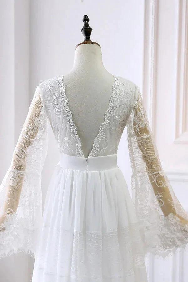 Long A-line V-neck Lace Tulle Wedding Dress with Sleeves (ZD14460)