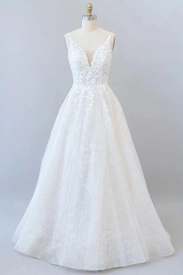 Long A-line V-neck Open Back Appliques Lace Tulle Wedding Dress (ZD15780)