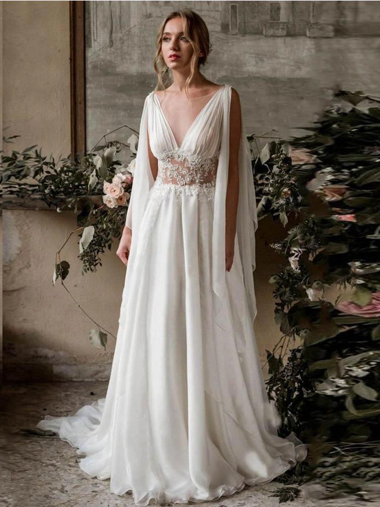 Long A-Line V-Neck Ruffles Chiffon Wedding Dresses (ZD15834) - VelvetHem