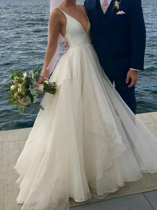 Long A-Line V Neck Satin Tulle Open Back Wedding Dresses (ZD15934)