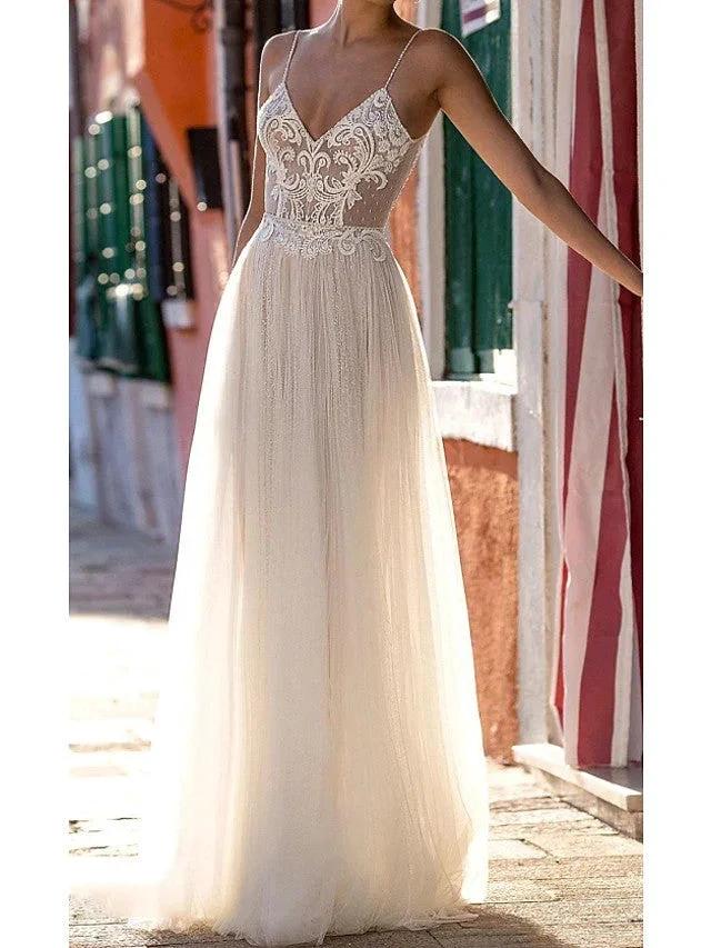 Long A-Line V-neck Spaghetti Strap Tulle Backless Wedding Dresses (ZD15929) - VelvetHem