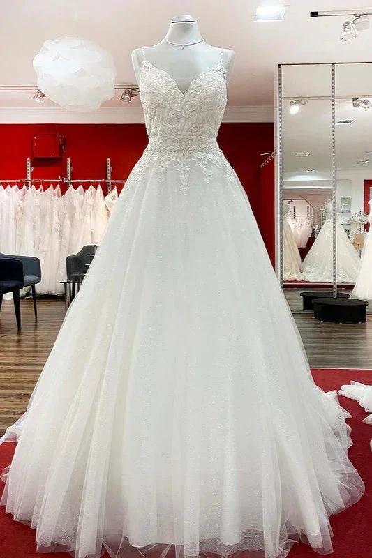 Long A-line V-neck Spaghetti Straps Backless Wedding Dress with Lace (ZD15258) - VelvetHem