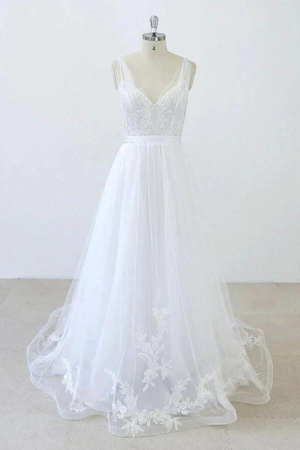 Long A-line V-neck Sweetheart Ruffle Applqiues Tulle Backless Wedding Dress (ZD15787) - VelvetHem