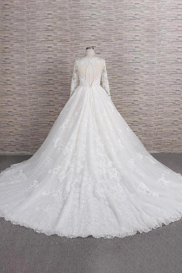 Long A-line V-neck Tulle Appliques Lace Wedding Dress with Sleeves (ZD15805)
