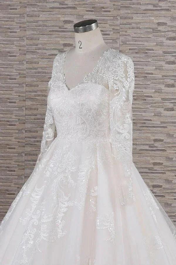 Long A-line V-neck Tulle Appliques Lace Wedding Dress with Sleeves (ZD15805)