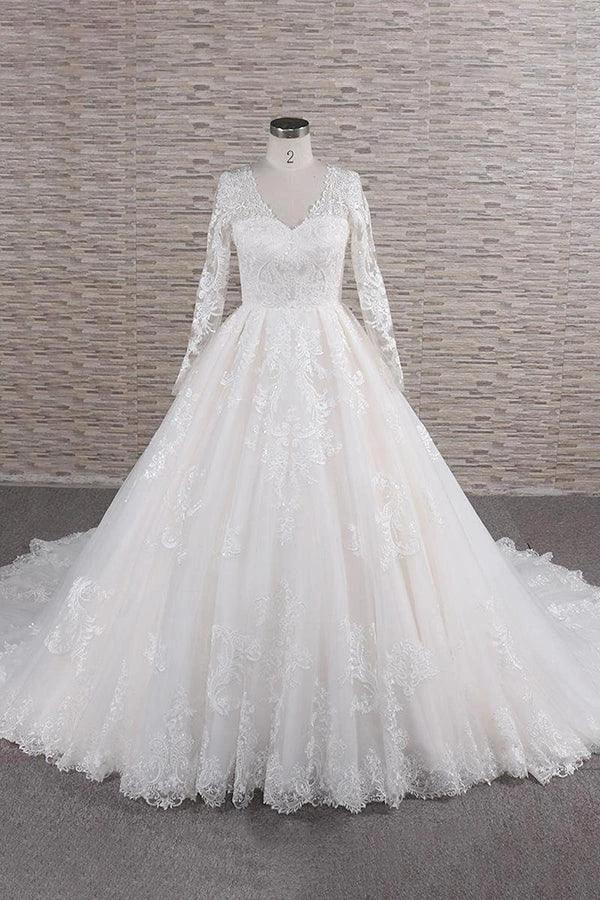 Long A-line V-neck Tulle Appliques Lace Wedding Dress with Sleeves (ZD15805) - VelvetHem