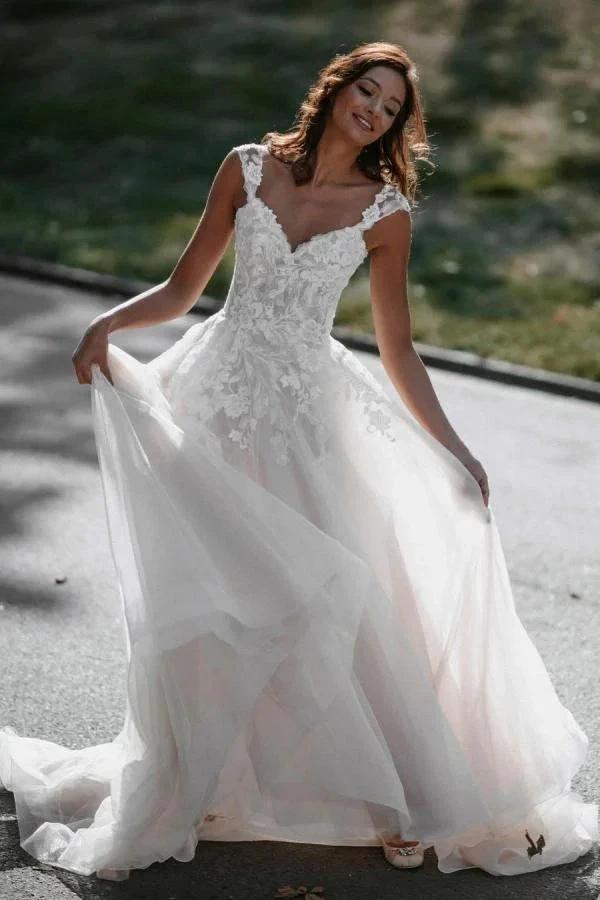 Long A-line V-neck Tulle Backless Lace Wedding Dress (ZD15153) - VelvetHem