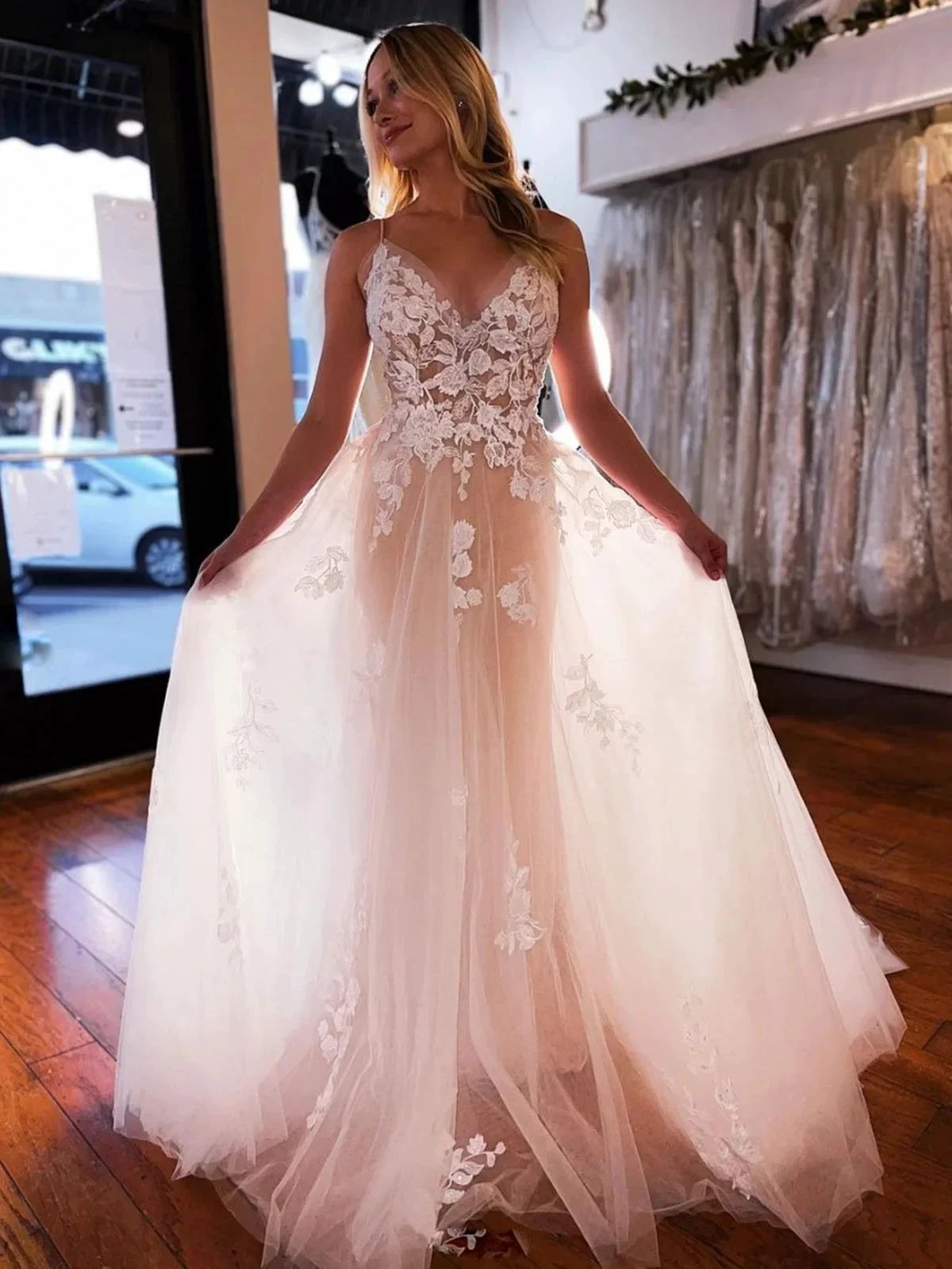 Long A-line V-neck Tulle Lace Floral Spaghetti Straps Backless Wedding Dresses (ZD16749) - VelvetHem