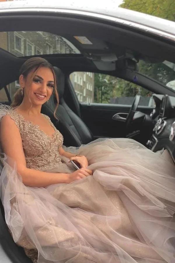 Long A-line V-neck Tulle Lace Wedding Dress with Fur Tulle Sweet Cape (ZD15175)