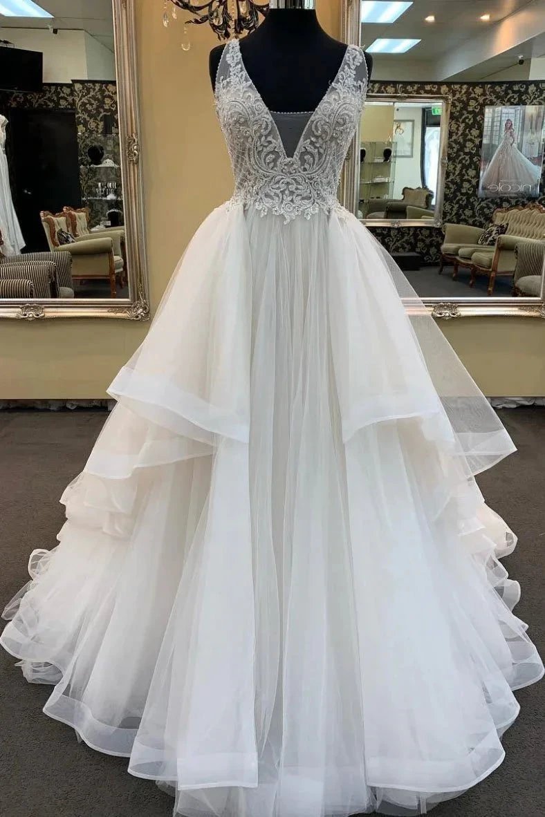 Long A-line V-neck Tulle Lace Wedding Dress (ZD15819) - VelvetHem