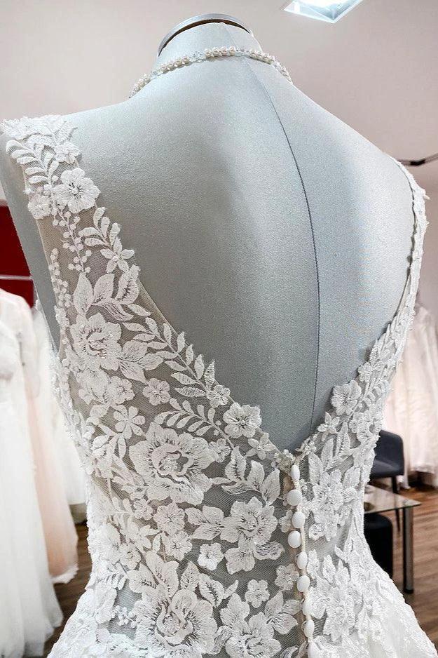 Long A-line V-neck Tulle Lace White Ruffles Wedding Dresses (ZD15259)