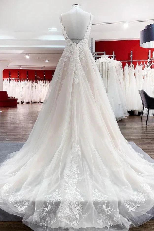 Long A-line V-neck Tulle Sleeveless Appliques Lace Backless Wedding Dress (ZD15244)