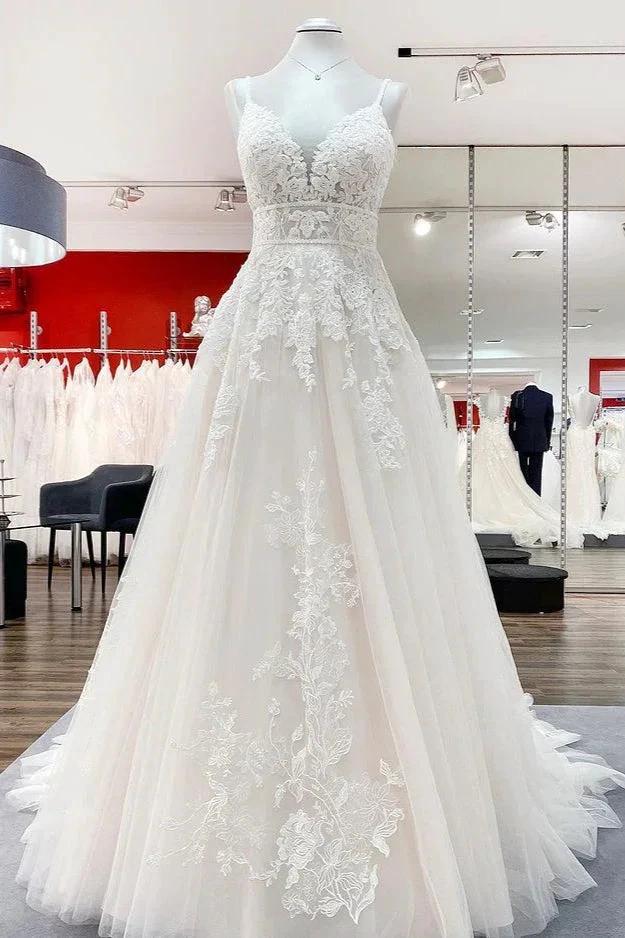 Long A-line V-neck Tulle Sleeveless Appliques Lace Backless Wedding Dress (ZD15244) - VelvetHem