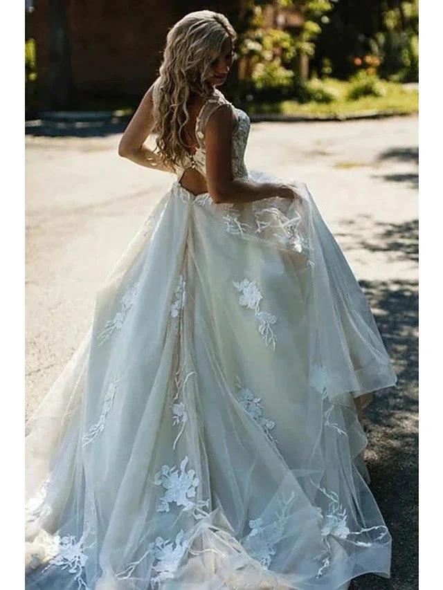 Long A-Line V Neck Tulle Spaghetti Strap Backless Wedding Dresses (ZD15968)