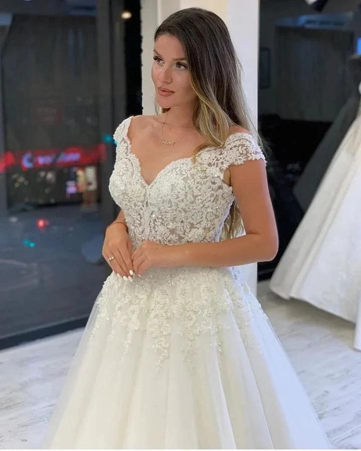 Long A-Line V-neck Wide Straps Appliques Lace Pearl Tulle Wedding Dress (ZD15102)