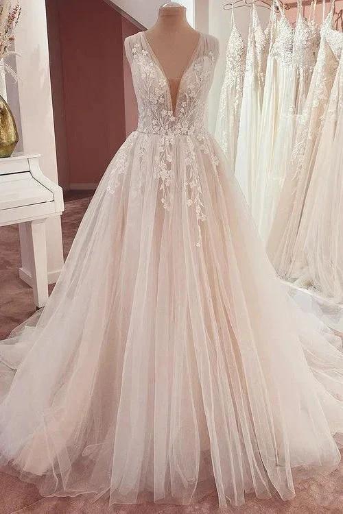 Long A-Line V-neck Wide Straps Appliques Lace Tulle Wedding Dress (ZD15213) - VelvetHem