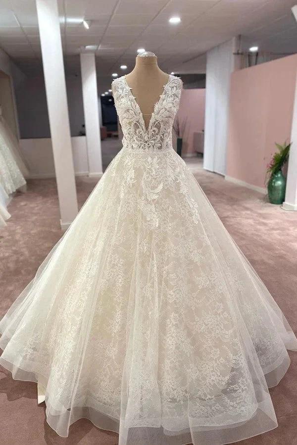 Long A-Line V-neck Wide Straps Appliques Lace Tulle Wedding Dress (ZD15070) - VelvetHem