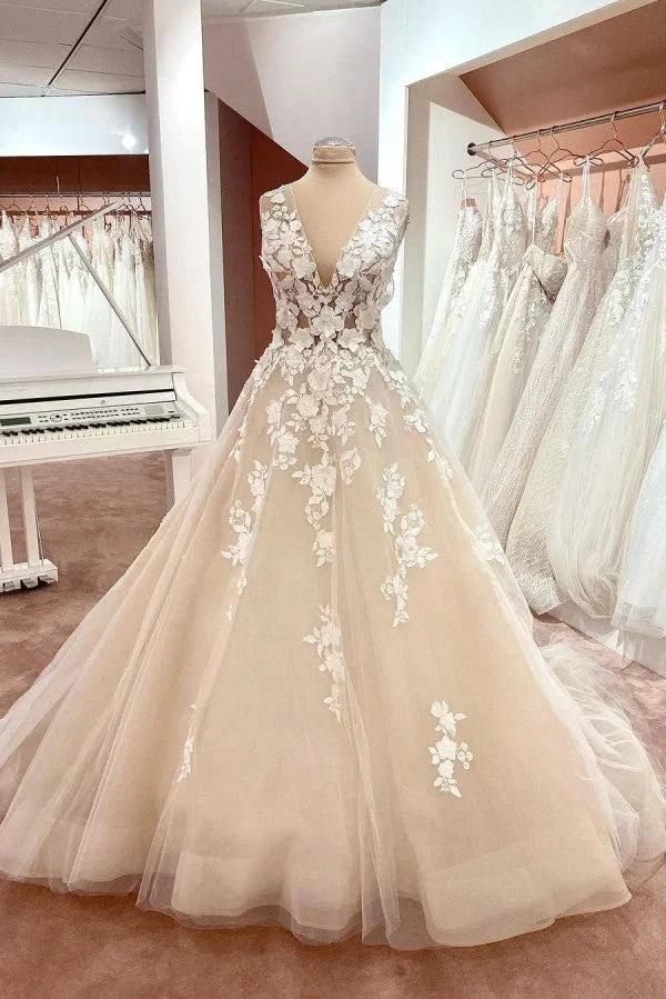 Long A-Line V-neck Wide Straps Backless Appliques Lace Tulle Wedding Dress (ZD15082) - VelvetHem
