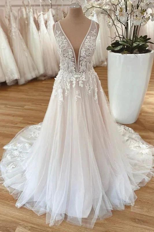 Long A-Line Wide Straps Tulle Floral Lace Wedding Dress (ZD15218)