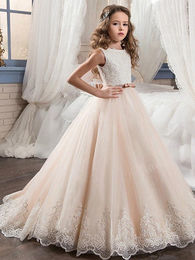 Long Ball Gown Chiffon Tulle Jewel Neck Wedding Birthday Pageant Flower Girl Dresses - VelvetHem