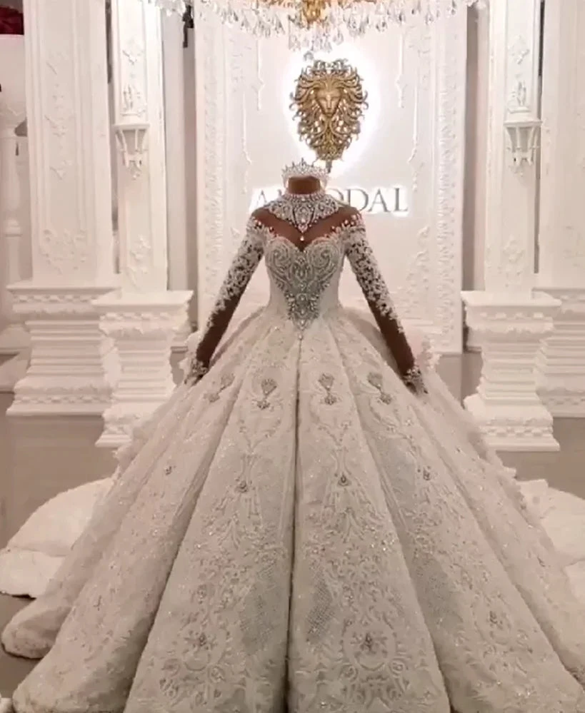 Long Ball Gown High Neck Sparkle Applique Satin Wedding Dress with Sleeves (ZD15986)