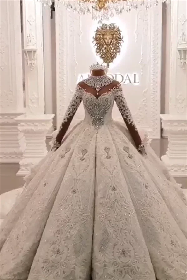 Long Ball Gown High Neck Sparkle Applique Satin Wedding Dress with Sleeves (ZD15986) - VelvetHem