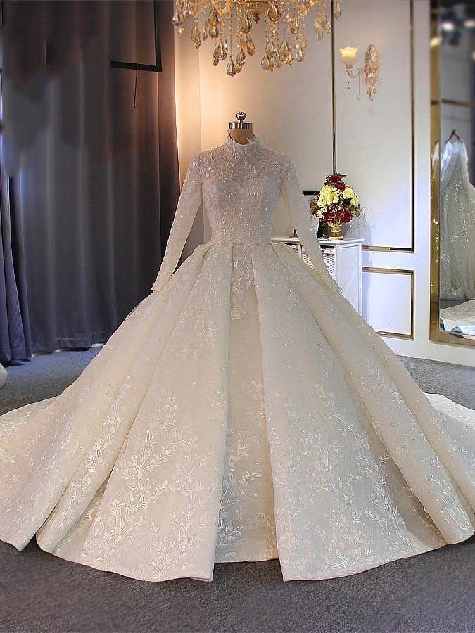 Long Ball Gown High Neck Tulle Lace Wedding Dresses with Sleeves (ZD15875) - VelvetHem