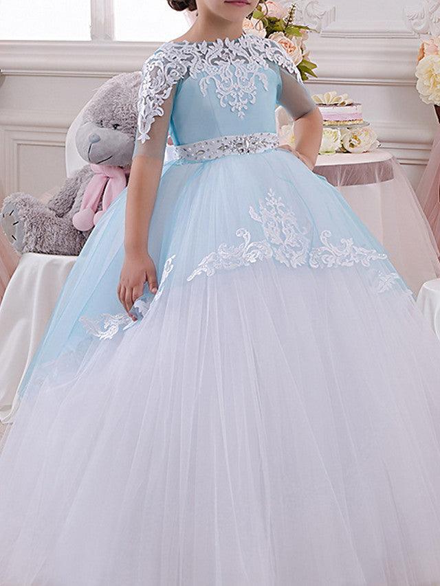 Long Ball Gown Jewel Neck Tulle Lace Pageant Flower Girl Dresses with Sleeves - VelvetHem