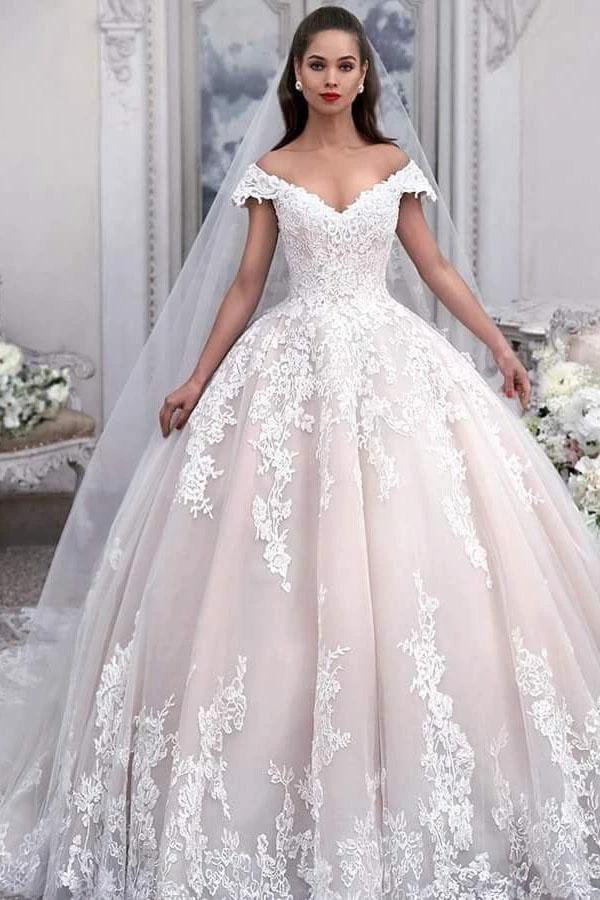 Long Ball Gown Off the Shoulder Tulle Wedding Dress with Appliques Lace (ZD15845) - VelvetHem