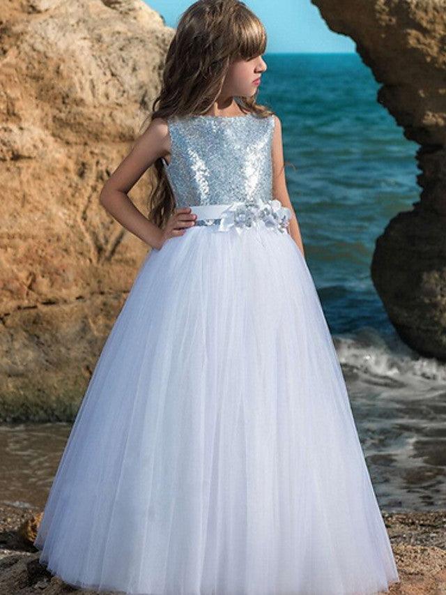 Long Ball Gown Polyester Sleeveless Jewel Neck Wedding Party Flower Girl Dresses - VelvetHem