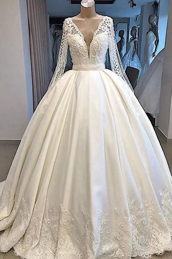 Long Ball Gown Satin V-neck Wedding Dress with Sleeves (ZD15792) - VelvetHem
