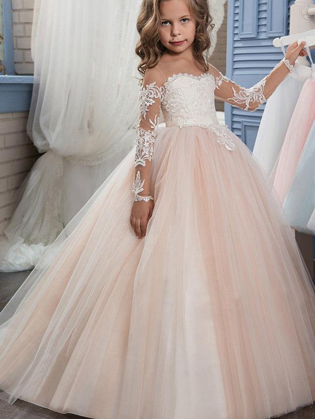 Long Ball Gown Sweep Brush Train Wedding Birthday Pageant Flower Girl Dresses with Sleeves - VelvetHem