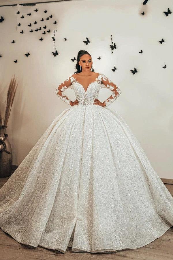 Long Ball Gown Sweetheart Appliques Lace Sequins Ruffles Wedding Dress with Sleeves (ZD15078) - VelvetHem