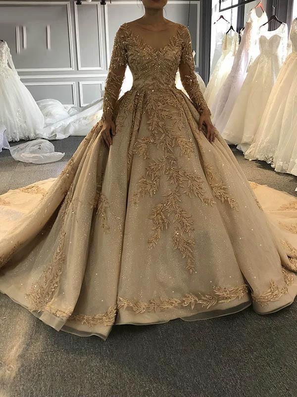 Long Ball Gown Sweetheart Satin Lace Wedding Dresses with Sleeves (ZD15881) - VelvetHem