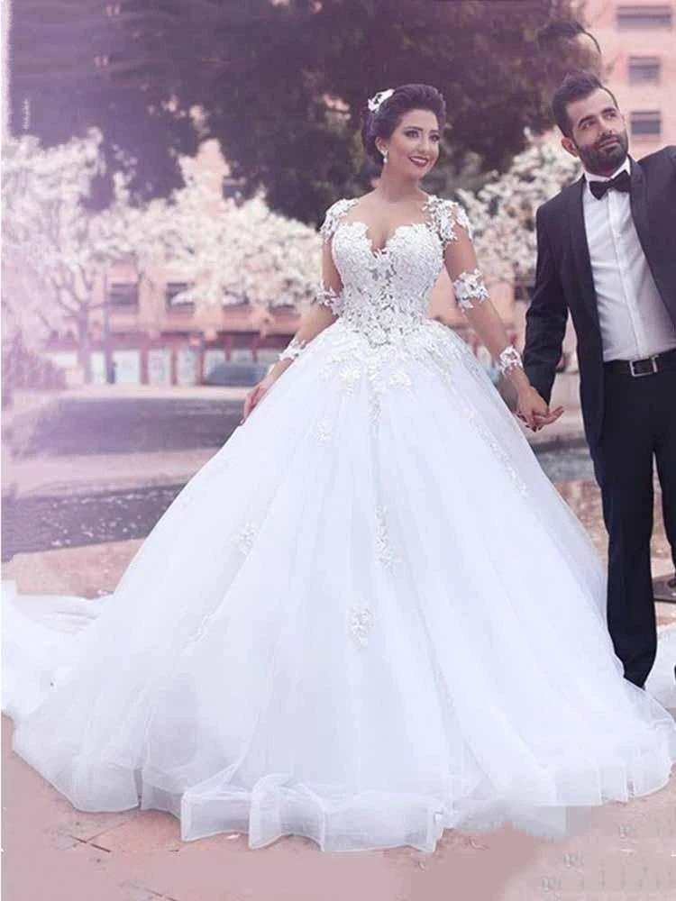Long Ball Gown Sweetheart Tulle Lace Wedding Dresses with Sleeves (ZD15915) - VelvetHem