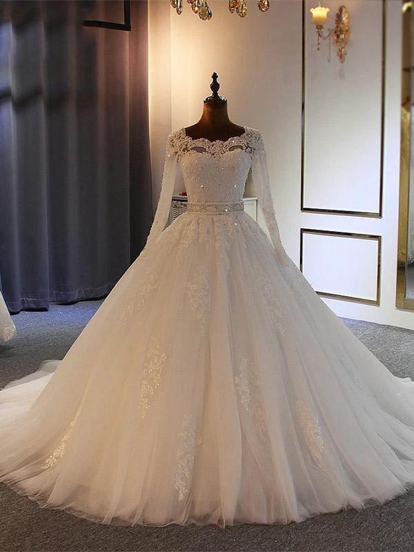 Long Ball Gown Sweetheart Tulle Lace Wedding Dresses with Sleeves (ZD15880) - VelvetHem
