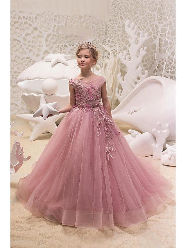Long Ball Gown Tulle Jewel Neck Sweep Brush Train Wedding Party Flower Girl Dresses - VelvetHem